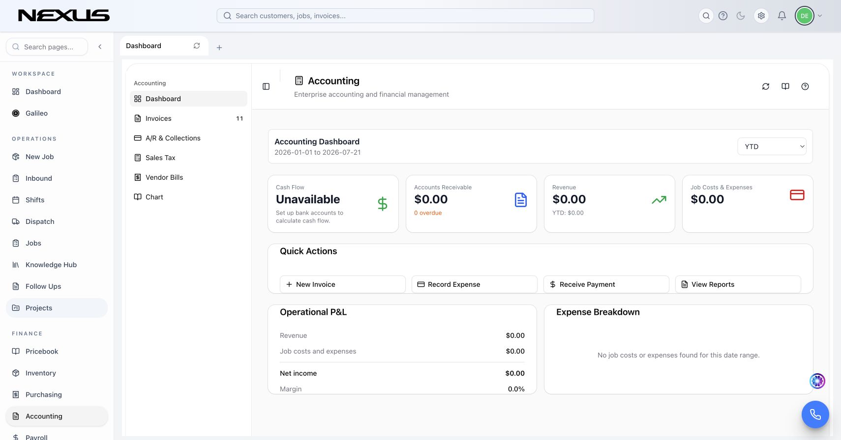 Accounting in Nexus for Electrical invoicing & payments, supporting diagnostic calls, panel upgrades, rewires, installations, and phased project work