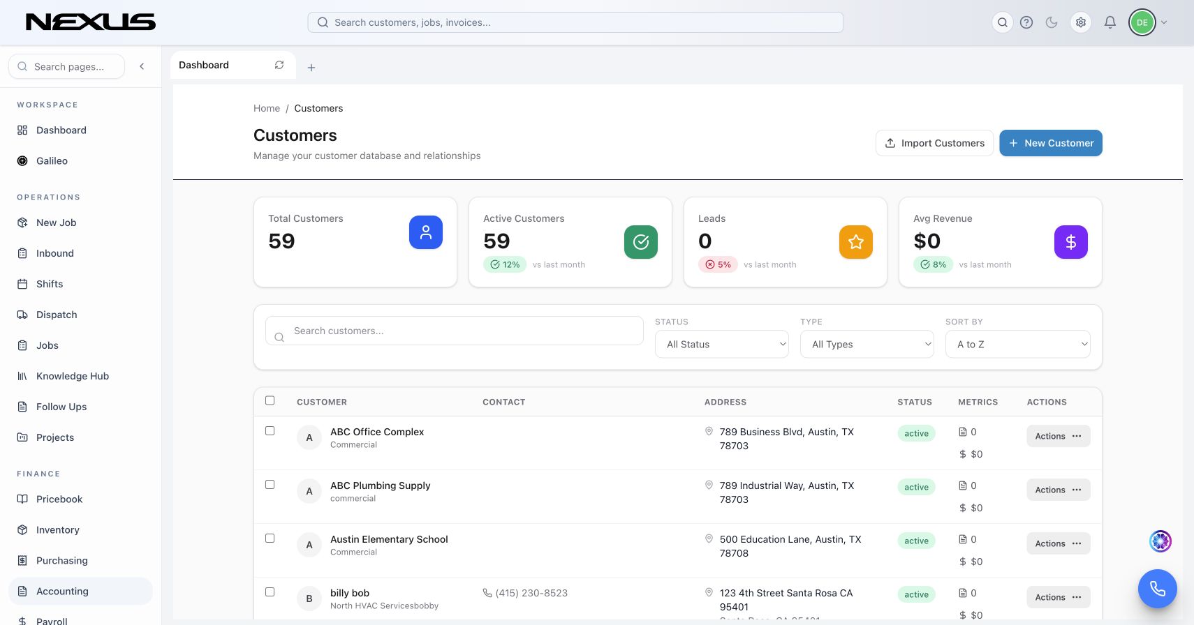 Electrical CRM Software in Nexus showing customer management for diagnostic calls, panel upgrades, rewires, installations, and phased project work