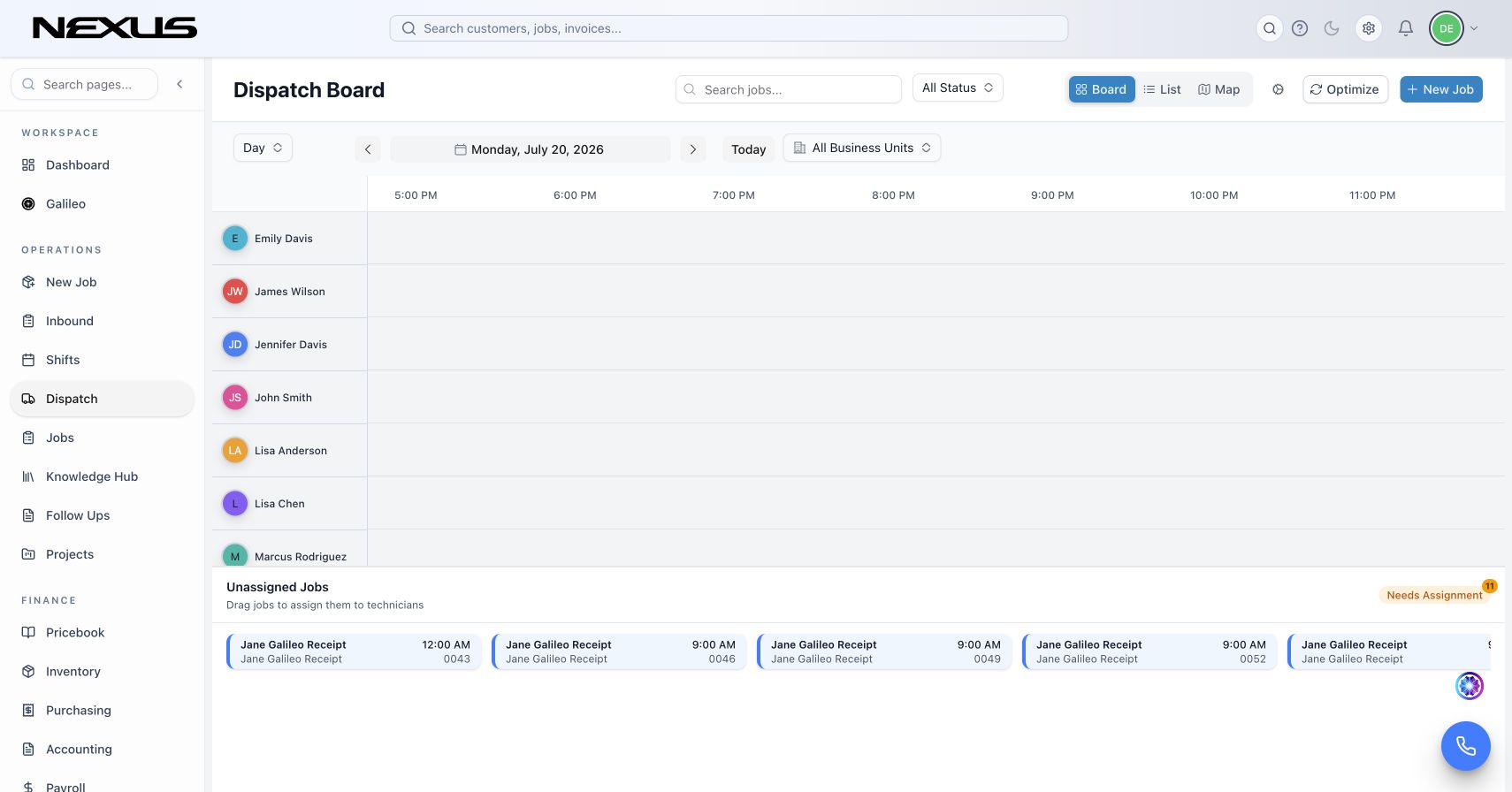 Nexus dispatch board for HVAC service calls and technician capacity