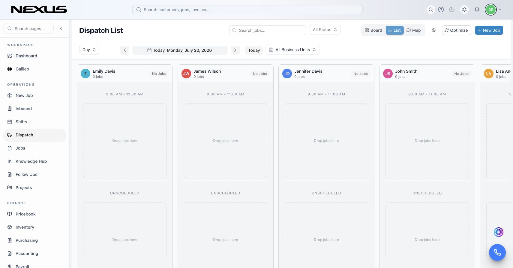 Live dispatch command center workflow in the Nexus application
