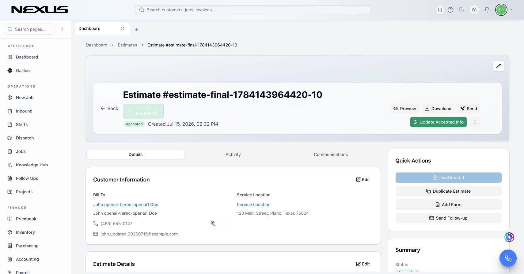 Nexus plumbing estimate detail with scope, pricing, and customer approval