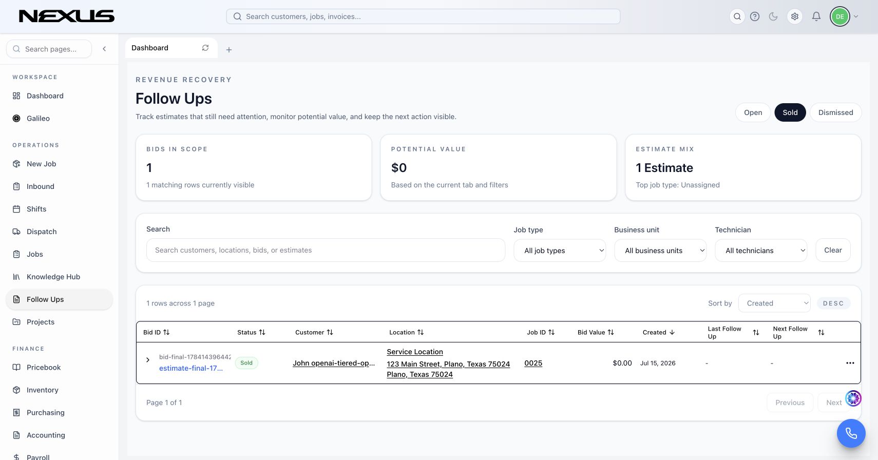 Electrical Estimating Software in Nexus showing estimating for diagnostic calls, panel upgrades, rewires, installations, and phased project work