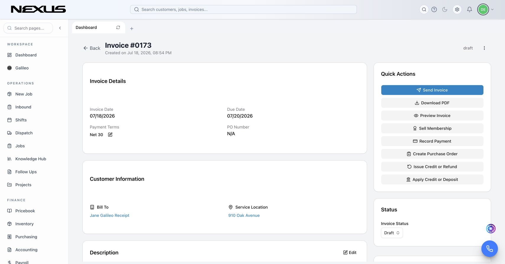 Electrical Invoicing & Payments in Nexus showing invoicing and payments for diagnostic calls, panel upgrades, rewires, installations, and phased project work