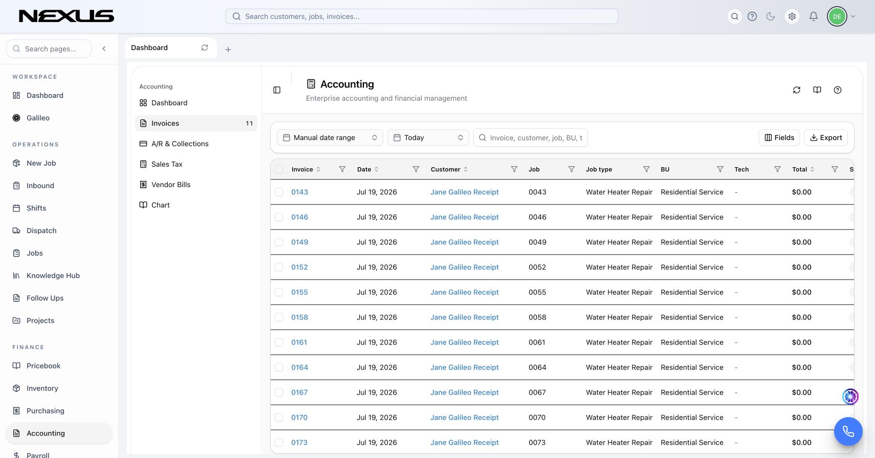 Electrical Invoicing & Payments workflow detail in Nexus for electricians and project crews