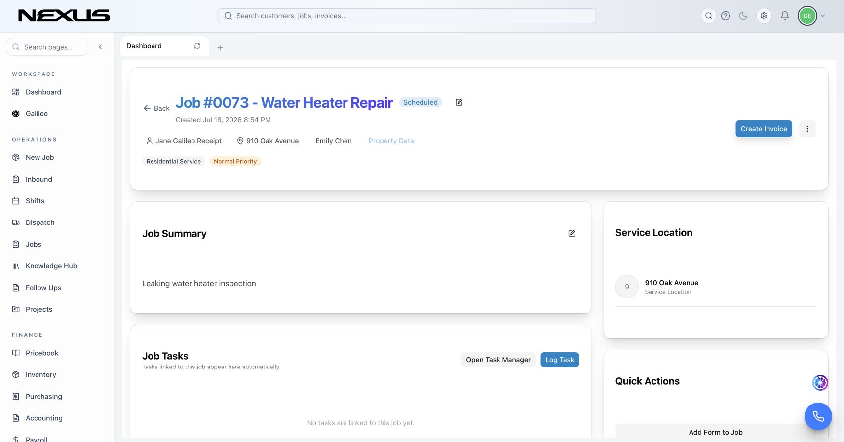 Nexus job detail page with appointments, scope, and electrical field context