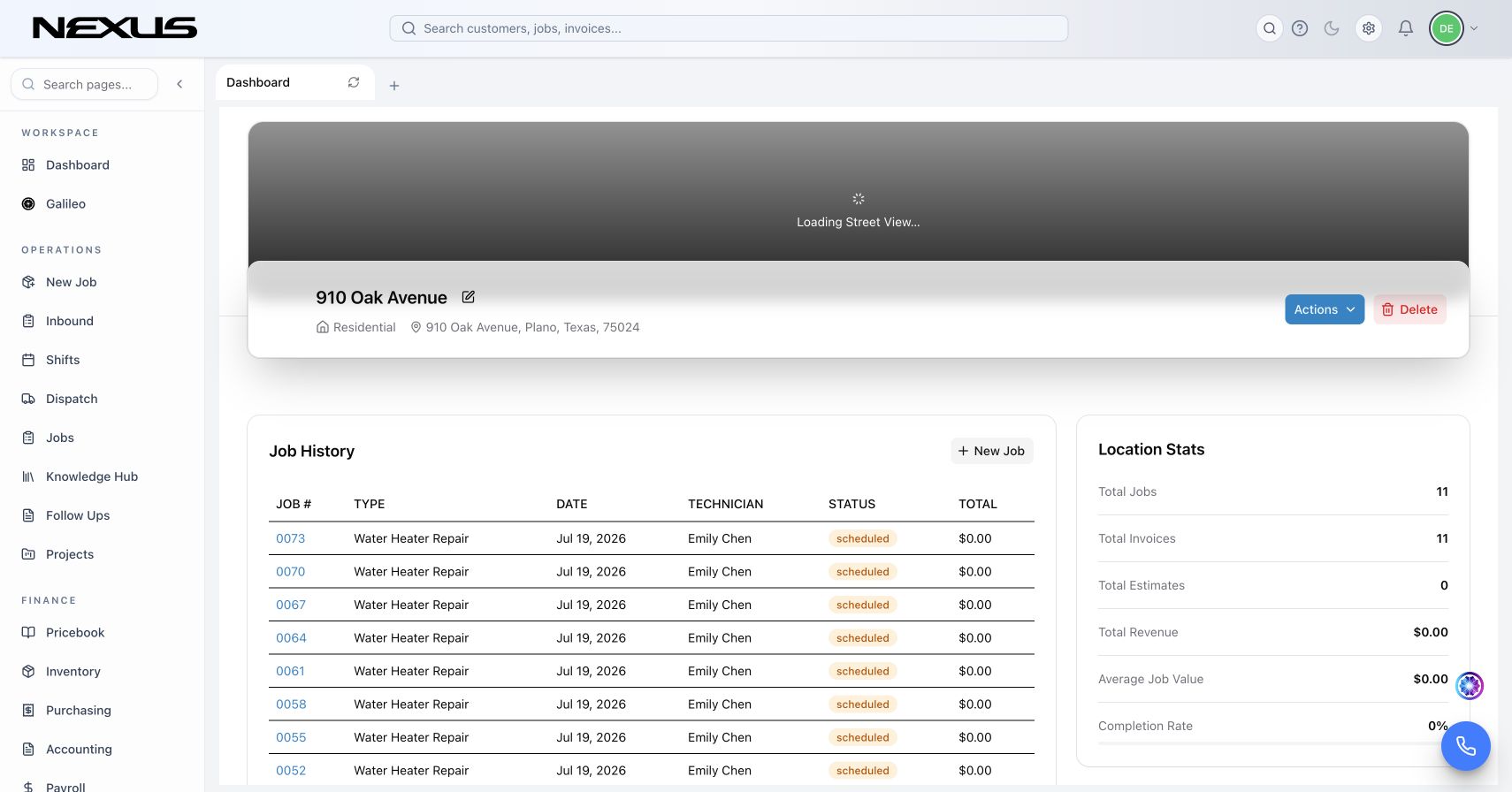 Nexus service location record with HVAC equipment and visit context