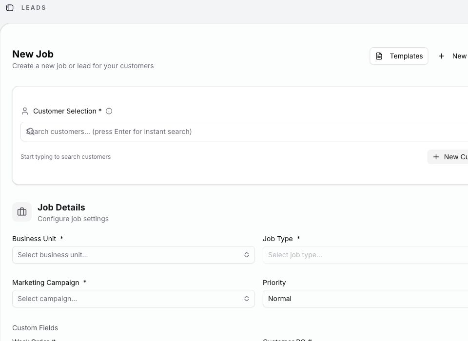 Nexus plumbing job booking workflow with customer, priority, and job details