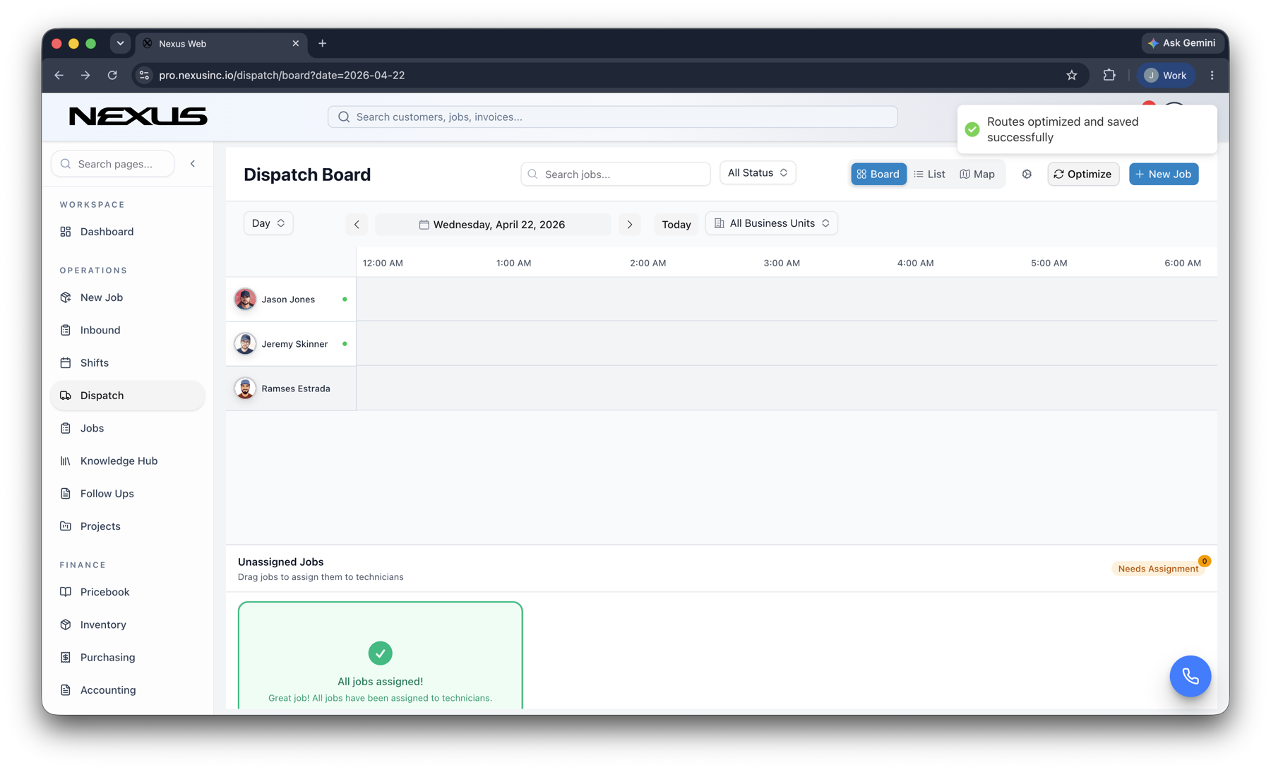 Nexus dispatch board after route optimization with board, list, and map controls