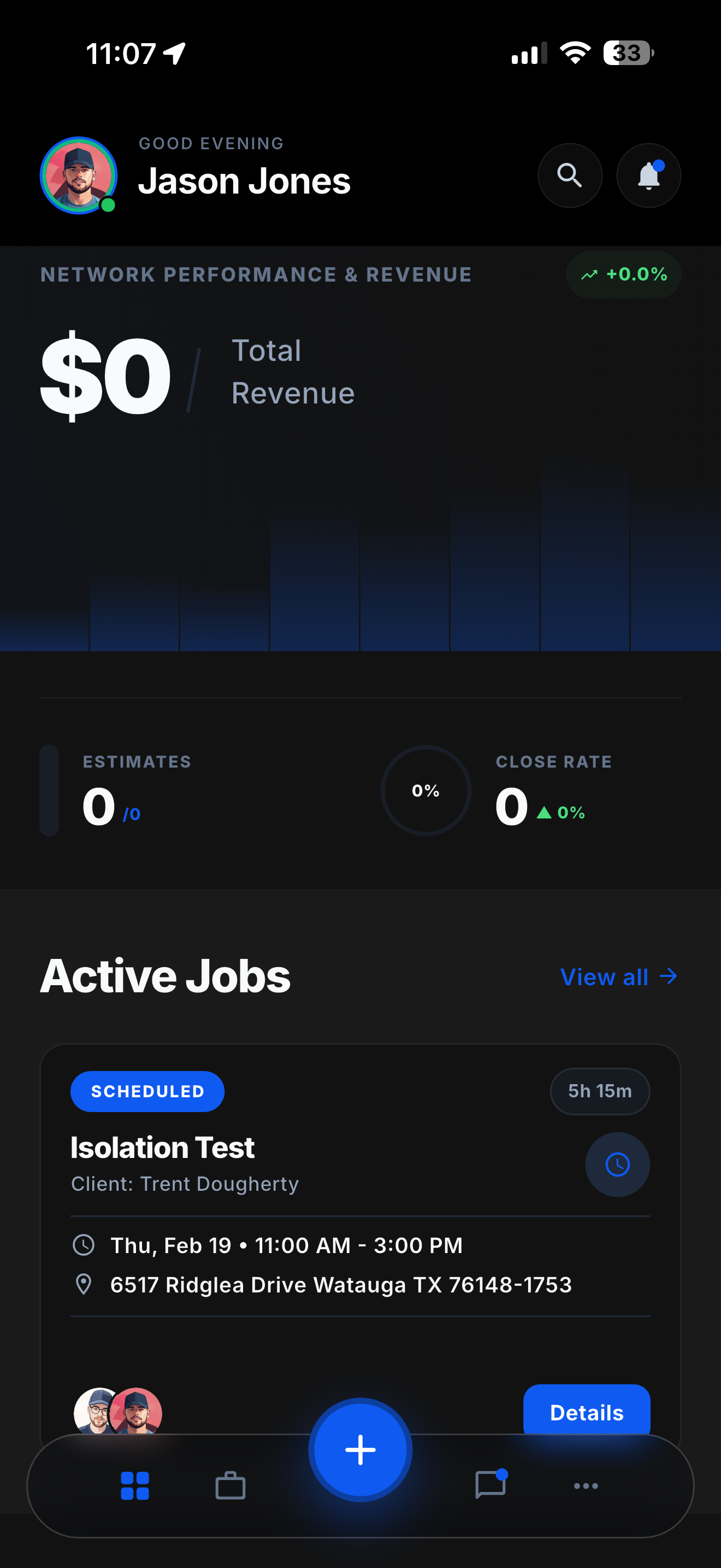 Nexus mobile dashboard with active jobs and performance