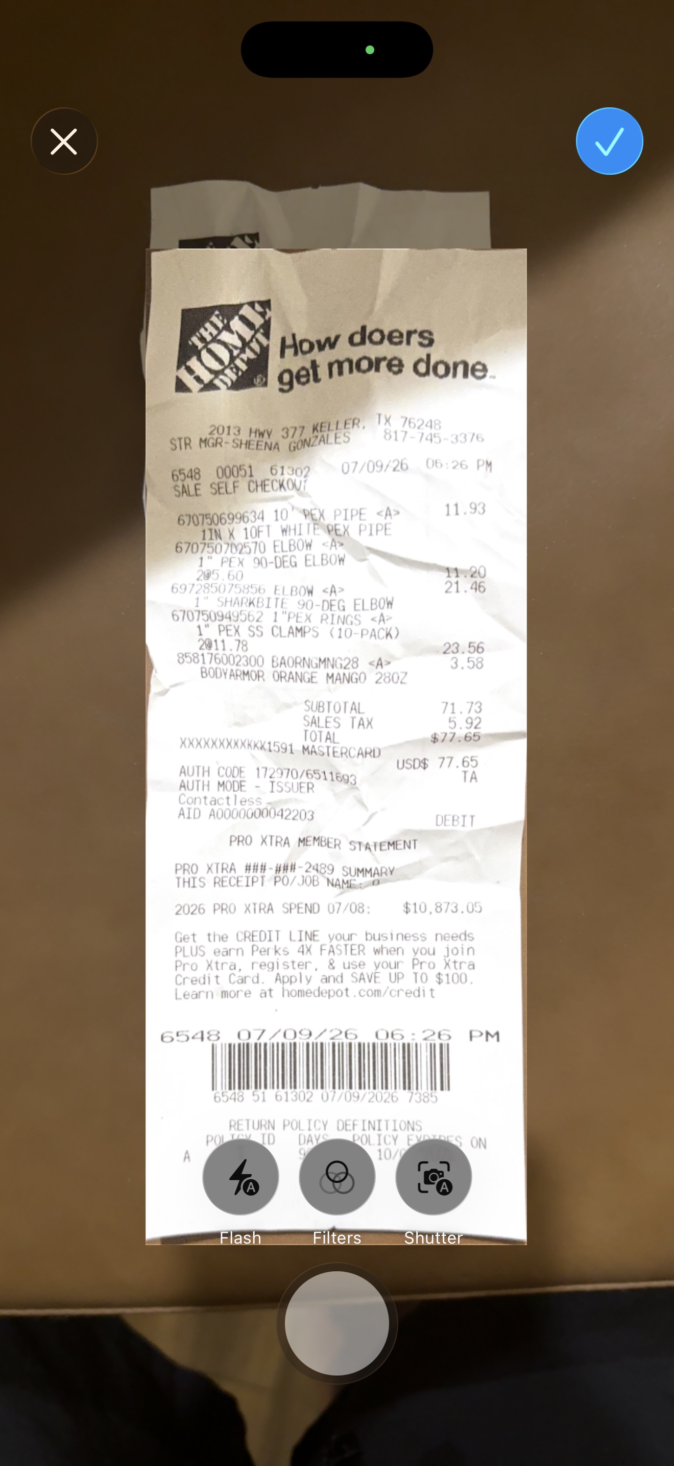 Nexus mobile receipt scanning workflow